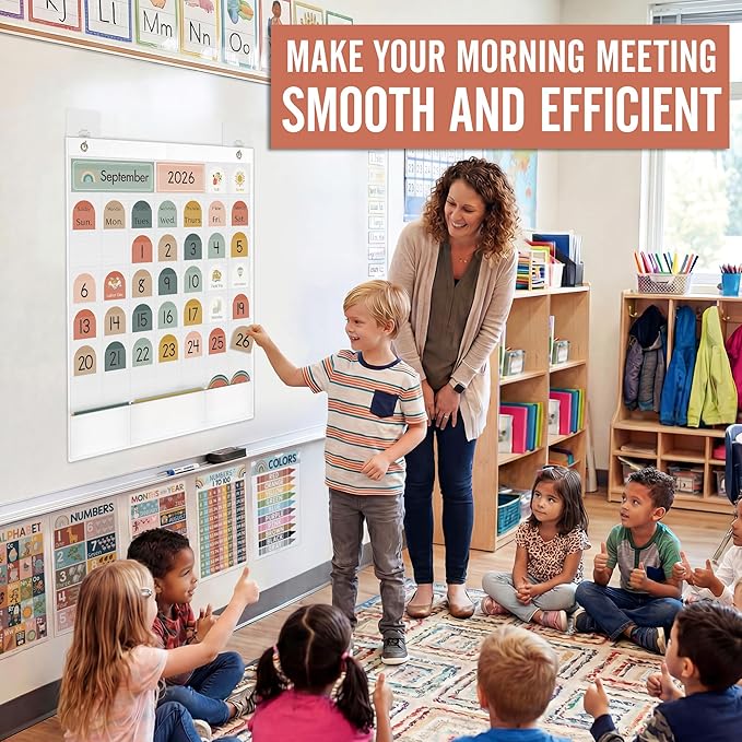Classroom Monthly Calendar Pocket Chart for Kids Learning, 105 Cards Wall Boho Calendar and Weather, Teacher Supplies for Kindergarten Preschool Elementary Homeschool