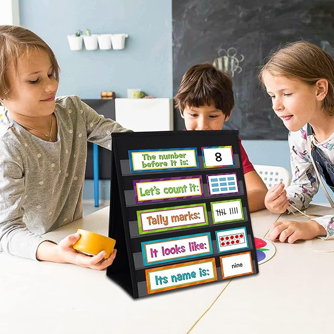 Tabletop Pocket Chart for Classroom or Home,Small Double Sided Stand Pocket Chart – Fits Standard 3” Sentence Strips and Cards (Black)