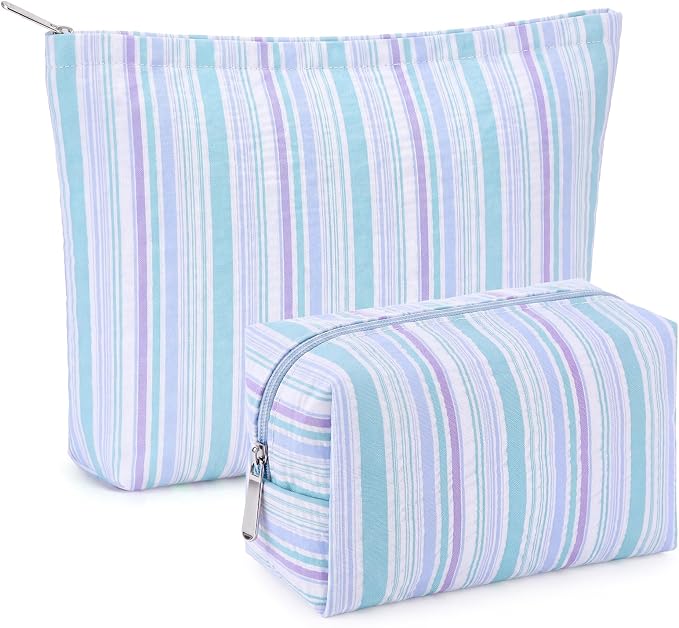 Huhumy 2 Pcs Striped Makeup Bag, Travel Toiletry Bag for Women, Aesthetic Cute Colorful Cosmetic Pouch, Seersucker Storage Organizer for Accessories, Essentials, Toiletries(Cyan Blue Purple)