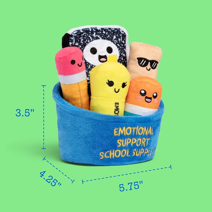 Emotional Support School Supplies Plush by Relatable - Cute Stuffed Animals and Squishy Toys, Fun Back to School Gifts for All Ages and Teacher Gifts - Includes 5 Plushies with Carrying Basket
