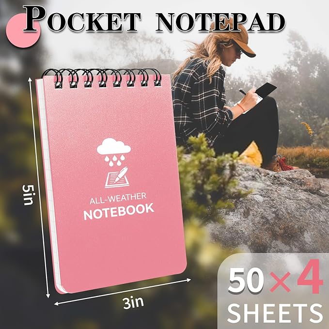 COIDEA Waterproof Notebook, 4 Pack Top-Spiral Pocket Notepad, 3" x 5" Weatherproof NotePad, All Weather Police Pocket Notebook Little Memo Steno Note Pads for Outdoor Office School Recording, Pink