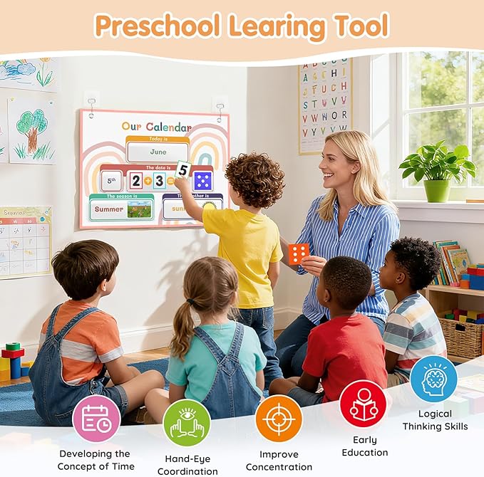 AKAYOK Classroom Calendar Pocket Chart with 70 Cards - Circle Time Calendar 2024-2028 with 2 Storage Pockets, Kids Calendar Perfect for Preschool and Homeschool Learning