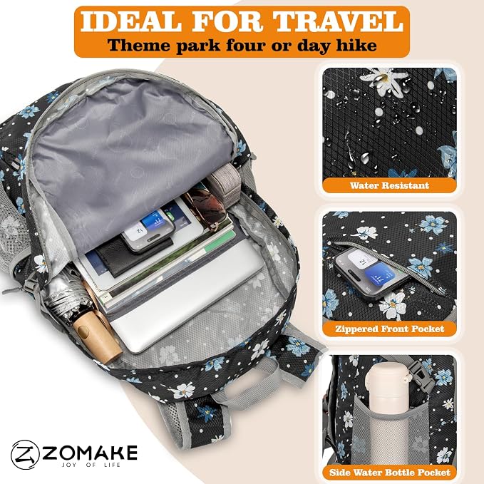 ZOMAKE Lightweight Packable Backpack 30L, Foldable Travel Hiking Daypack | Water Resistant Collapsible Backpacks, Folding Day Pack for Outdoor Camping Sport, Everyday Carry(Black,Floral pattern)