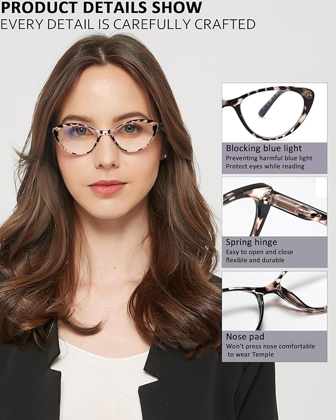 EYEURL 4-Pack Cat Eye Reading Glasses for Women- Blue Light Blocking Readers with Spring Hinges,Anti-Glare Reading Glasses,3.5
