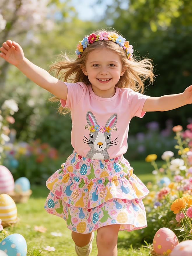 Little Girls Skirt Set - 2 Piece Short Sleeve Top Shirred Tiered Skirt Outfit Girls Spring Summer Clothes 3-8 Years