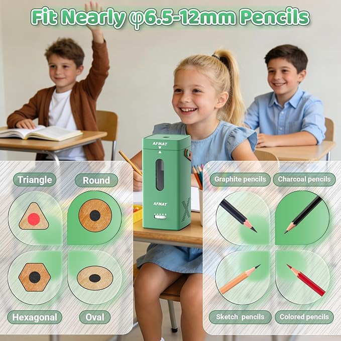 AFMAT Electric Pencil Sharpener, Fully Automatic Pencil Sharpener, Auto in & Out, Rechargeable Hands-Free Sharpeners for Jumbo & Colored Pencils (6.5-12mm), Portable for Home/Classroom/Office PSC6