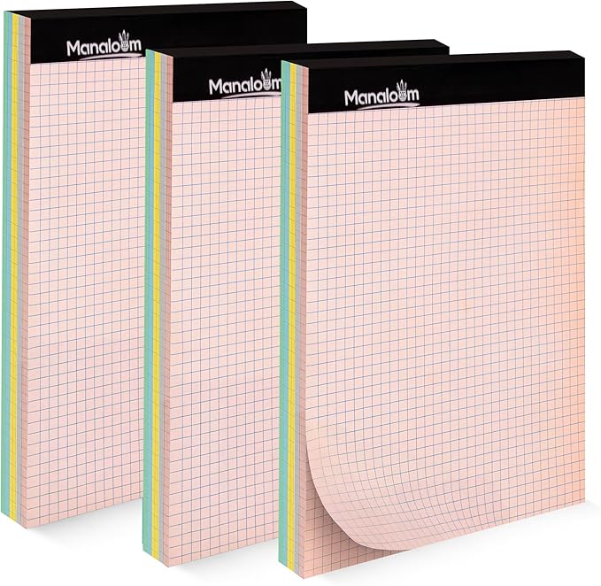 Graph Paper Pad 8.5 x 11 Inch - 3 Pack, 50 Sheets Each (150 Sheets Total) 4x4 Quad Ruled/Grid Notebook, 75 GSM Paper, 5 Colored Pages, Perforated Sheets - for Students,School, Math & STEM (Pastel)