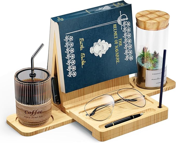 Triangle Book Holder Stand, Wooden Book Nook Reading Valet, Book Rest with Cup, Glasses & Pen Holder, Book Display Stand for Reading in Bed, Coffee and Book Lovers (Yellow)