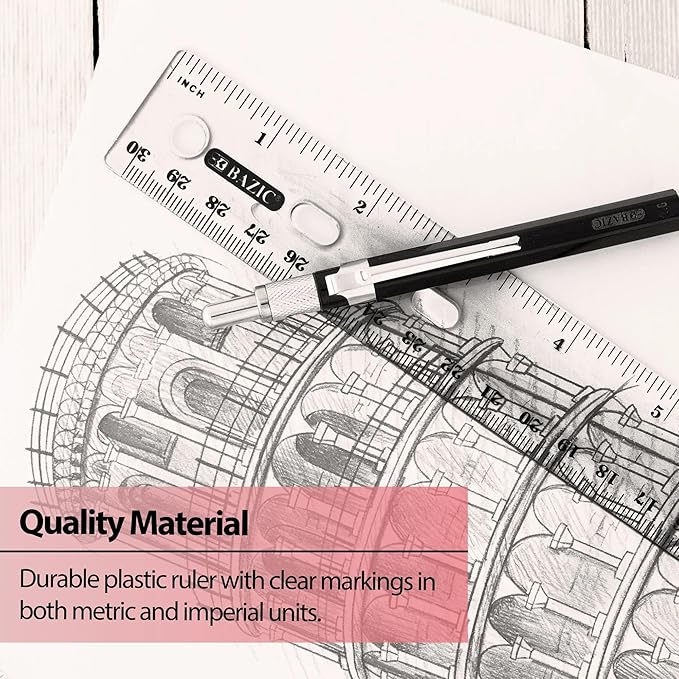 BAZIC Products Plastic Clear Rulers 12 inch (30cm), Inches Centimeter Metric Ruler Measuring Long Ruler, Straight Edge Ruler for Students School Supplies, 4-Pack