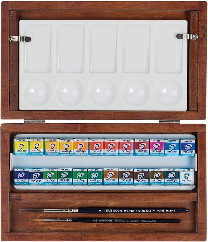 Van Gogh Watercolor Paint Set, Wood Box, 24-Half Pan + 3 Accessories