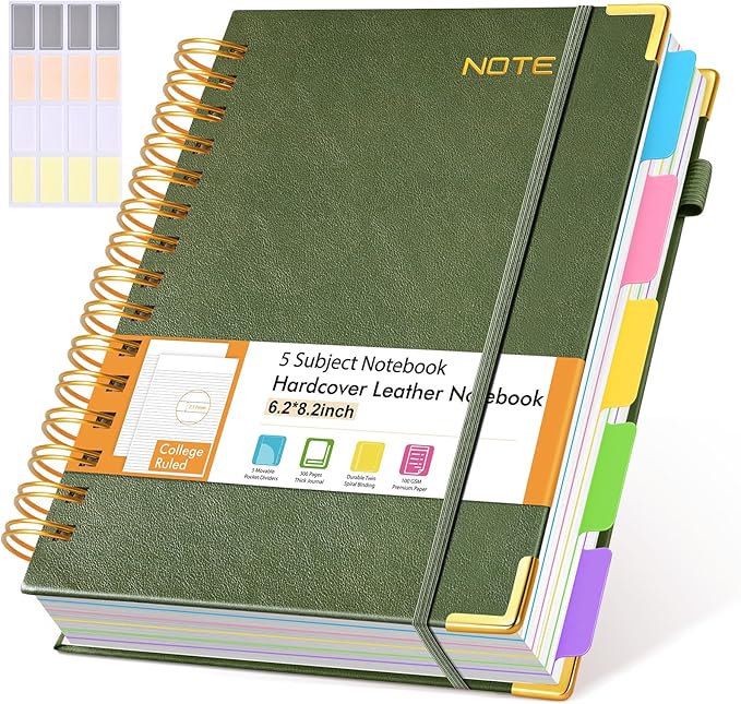 Hardcover Spiral Notebook with Removable Dividers Tabs, 300 pages Leather 5 Subject Notebook College Ruled, 6.2" x 8.2" Journal for Women Men, Small Notebooks for Work School Note taking,A5 Green