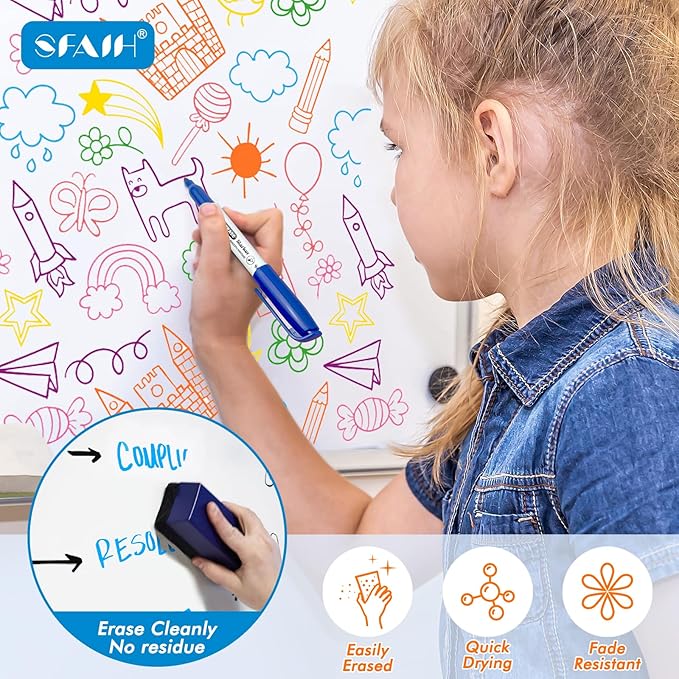 SFAIH Dry Erase Markers Fine tip 12 Colors, 12 Pack (1 Dozen) Low Odor Whiteboard Markers for Classroom, Homeschool, Non-Toxic Gift for Kids, Travel Drawing, Learning to Write, Reusable Art Supplies
