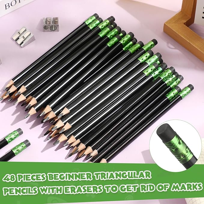 Fainne 48 Pcs Fat Pencils Jumbo Big Thick Large Pencils and 3 Pieces Sharpeners for Kids Beginners Preschoolers Kindergarten School Office Supplies(Black,Triangle)