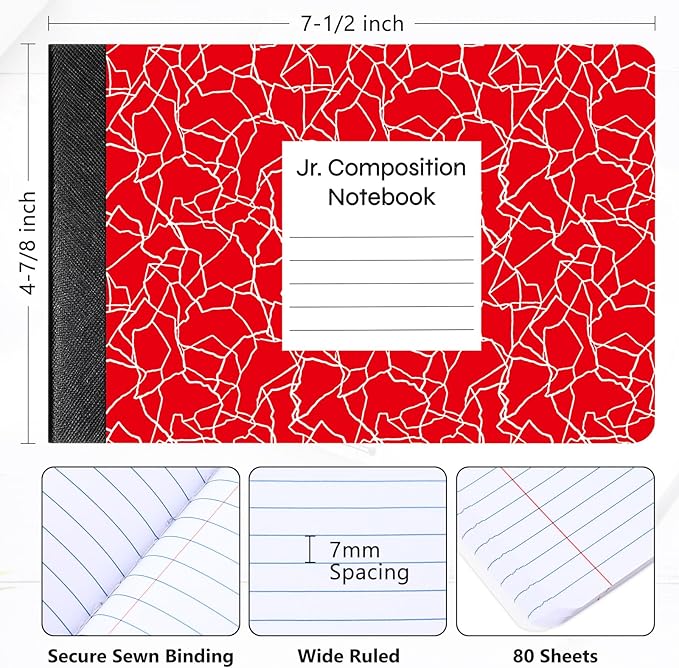 Resurhang 48 Pcs Jr. Composition Notebooks Colored Marble Half Size 4-7/8 x 7-1/2 Inches Composition Notebook 80 Sheet Marble Wide Ruled Assorted Primary Cover Notepad Bulk (Multicolor)