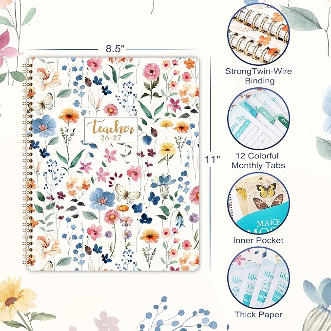 Teacher Planner 2026-2027 - Teacher Lesson Planner 2026-2027, 8.5”x11”, July 2026 - June 2027, Teacher Planner Academic Year, Colorful Monthly Tabs, Holidays, Pocket - Floral