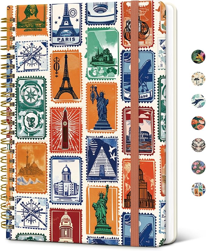 Taja Lined Spiral Journal Notebook for Women, A5 Cute College Ruled Hardcover Notebook for Work & Note Taking, Pretty Journal for Writing, 140 Pages, Wanderlust Stamps