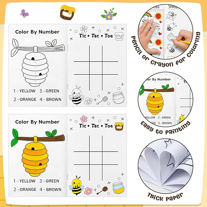 JAPBOR Bee Activity Coloring Books - 24PCS Mini Honeybees Color Activities Book Bulk for Party Favor, Spring Summer Honey Bees Small DIY Colouring Pages for Birthday Gifts Class Draw Painting Game