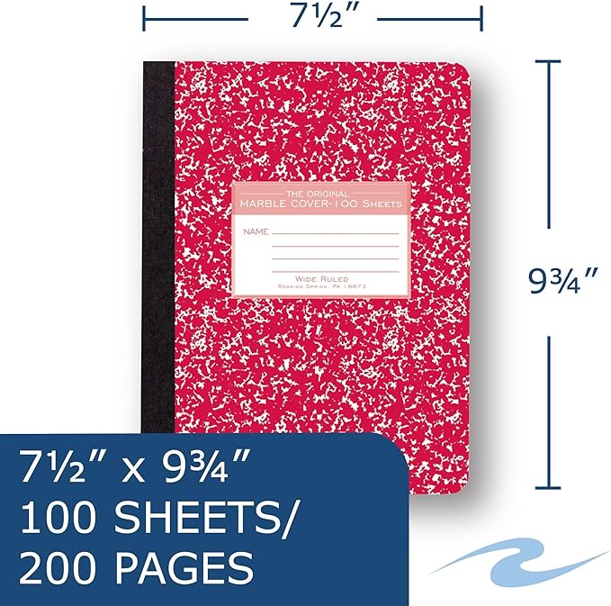 ROARING SPRING Colored Composition Notebooks, 48-Pack, Wide Ruled, 100 Sheets, 15# White Paper, 9.75"x7.75", Hard Board Marble Covers in Purple, Green, Red and Blue