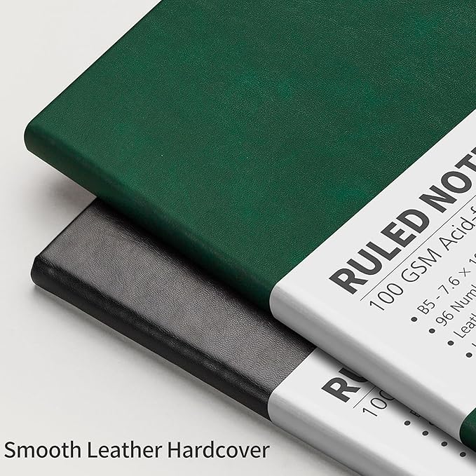 RETTACY Lined Journal Notebook, 96 Numbered Pages, B5 Medium Size (7.6'' x 10''), for Men & Women, Journaling, Writing, Work & Office, Leather Hardcover, 100 GSM Thick Paper (Dark Green)