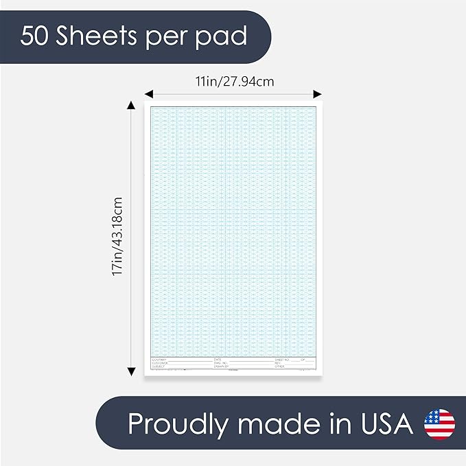 GeekNavy 11" x 17" Isometric Graph Paper 50 Sheets Portrait - 0.25" Grid, Non-photo Blue, High Brightness, Drafting, Engineering, Art, 3D Design (3-Pack)