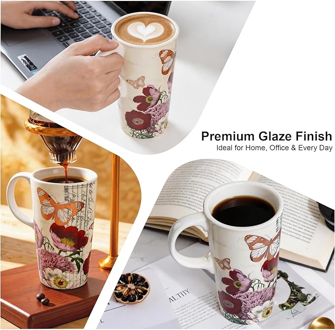 Topadorn 17 oz Ceramic Coffee Mug with Lid and Gift Box, Large Floral Coffee Cup with Handle, Porcelain Tea Mug for Women, Butterfly Design for Home Office