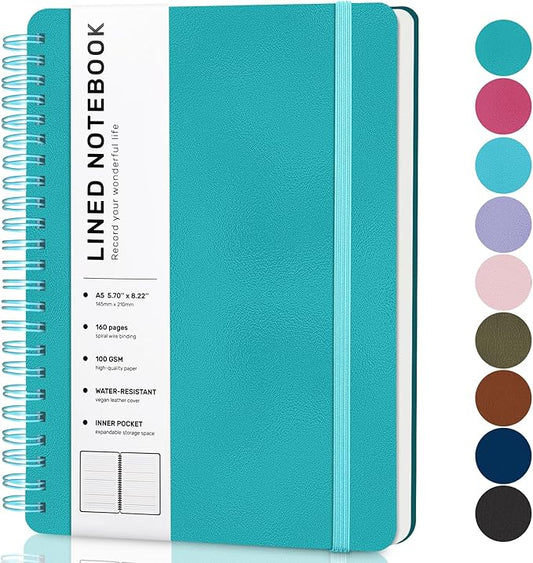 Lined Spiral Journal Notebook with 160 Pages, 8×5.7in, A5 Spiral Notebook, Journaling Notebooks for Work, School, Women, Men, College Ruled Spiral Notebook, Hardcover Leather Journals, Turquoise