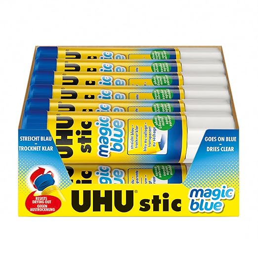 UHU Colored All Purpose Glue Stick 12-Pack Blue Applies & Dries Clear, 1.41oz - Non-Toxic, Washable. Permanent Strong Bond, Solvent-Free with Screw Cap,