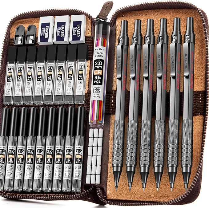 Nicpro 33PCS Black Metal Mechanical Pencil Set in Leather Case | Art Drafting Pencil 0.3/0.5/0.7/0.9/2mm Lead Holders for Sketching Drawing with 18 Tube (6B 4B 2B HB 2H 4H Colors) Lead