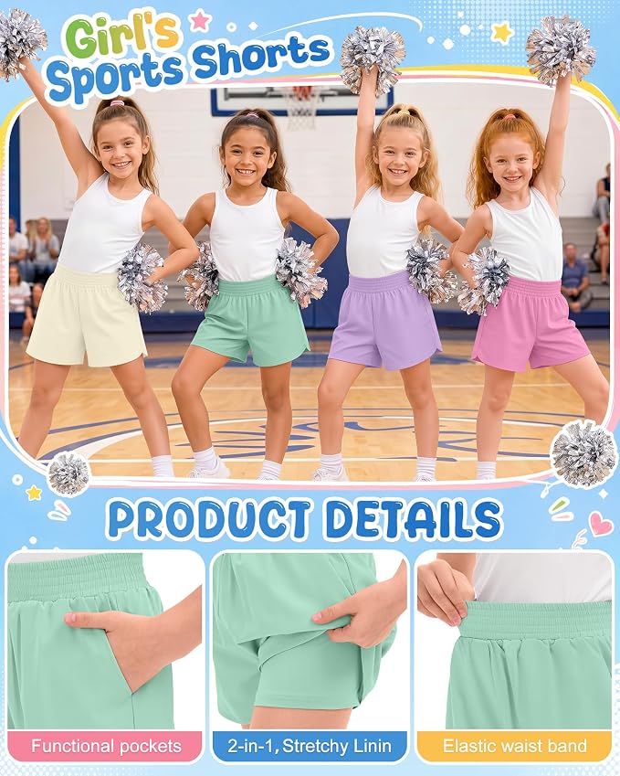 4 Pack Girls Athletic Shorts 2 in 1 Quick Dry High Waist Tween Shorts with Liner Kids Back to School Running Shorts