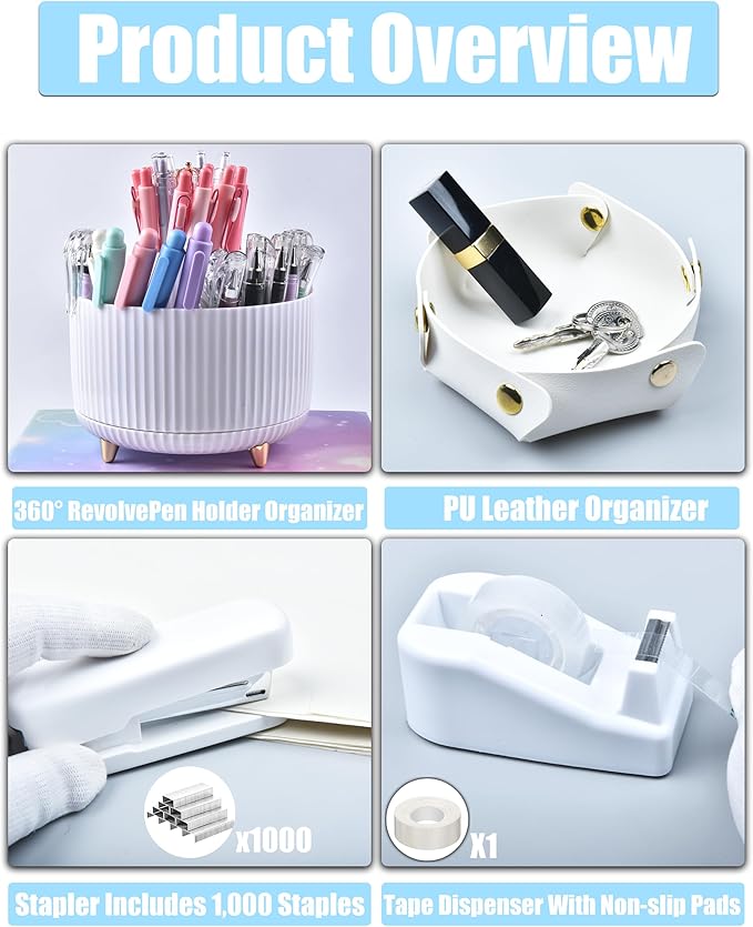 LXEVIHK White Desk Accessories, Office Supplies 360°Pen Holder Desk Organizers, With Tape Dispenser, Stapler, Staple Remover, Ect, Infuse Your Space With Porcelain Serenity, Back to School