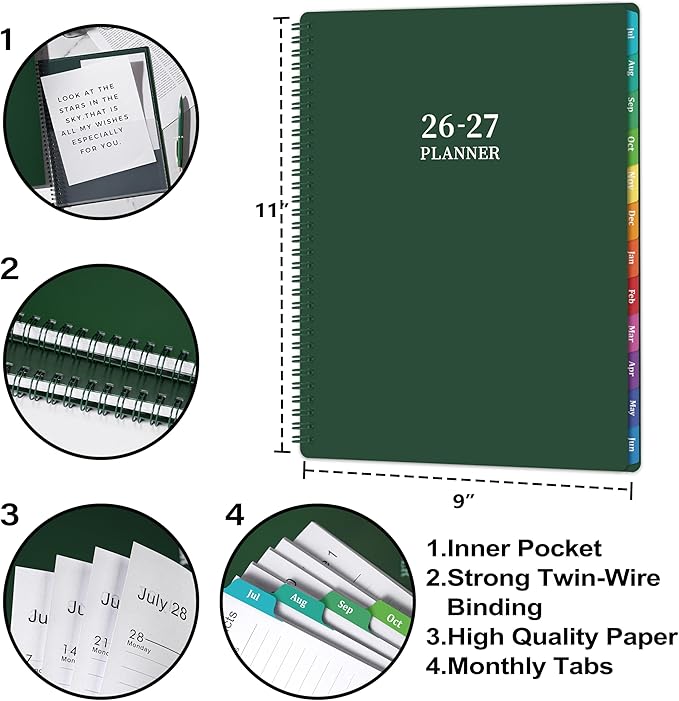 Planner 2026-2027 - Academic Planner 2026-2027, Jul.2026 - Jun.2027, 9"×11", 26-27 planner weekly and monthly with Inner Pocket, Colorful Tabs, Twin-wire Binding - Emerald