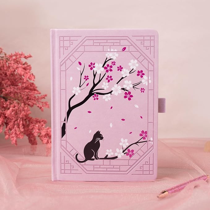 TIEFOSSI A5 Lined Journal, Cute Cat Journal for Women Girls, College Ruled Notebook with Pretty Sakura Pattern, Aesthetic Diary for Writing Journaling Drawing, Golden Edges