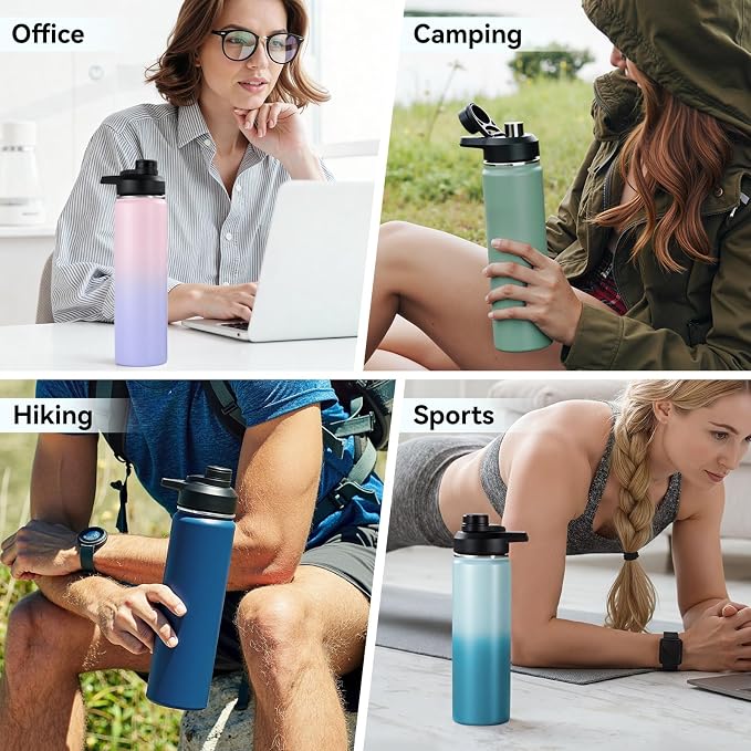 Fijinhom Insulated Water Bottle with Handle, 304 Stainless Steel Water Bottles with Wide Mouth, Double Wall Vacuum Sports Water Bottle, BPA Free, Keep Cold and Hot, 24 Ounces, Navy Blue