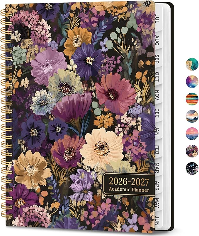 Academic Planner 2026-2027, Weekly and Monthly Calendar Book, July 2026 – June 2027, Hardcover Planner with Tabs, Perfect for Teachers, Students, Women & Men, A5 (6.4" x 8.5") - Midnight Bloom