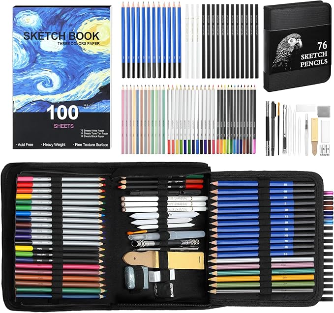 TMOL 76 Pack Art Supplies Sketching Kit with 100 Sheets 3-Color Sketchbook, Drawing Pencils Include Graphite Colored Charcoal Watercolor & Metallic Pencils, for Kids Adults Beginner Artists