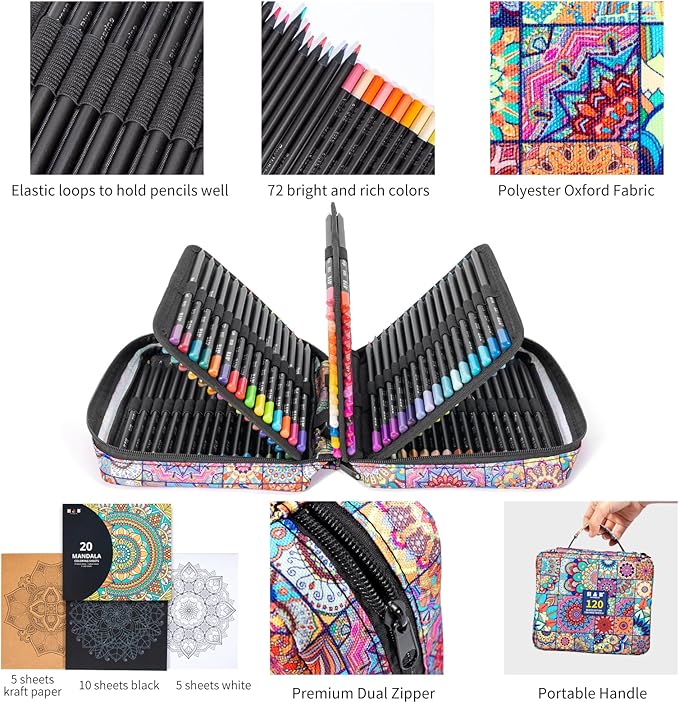 H & B 120-Color Black Wood Colored Pencils Set with Coloring Book, Eraser, Sharpener - Adult Drawing and Coloring - Artist-Grade Soft Oil-Based Cores - Works on Black Paper
