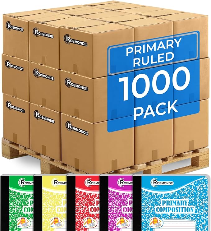 Rosmonde 1000 Pack (Pallet) Composition Notebooks Bulk, Primary Ruled, Pallet of Composition Notebooks, 100 Sheets (200 Pages), 9-3/4 x 7-1/2, Bulk Notebooks for Grades K-2, 4-7 Days Transit