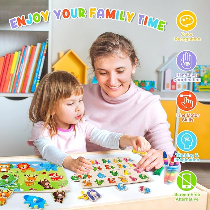 Attmu Wooden Puzzles for Toddlers, 6 Pcs Alphabet Puzzle ABC Shape Number Animal Farm Puzzle, Learning Toys for Kids, Preschool Educational Activities Toddler Gift Toys for Girls Boys Christmas Easter