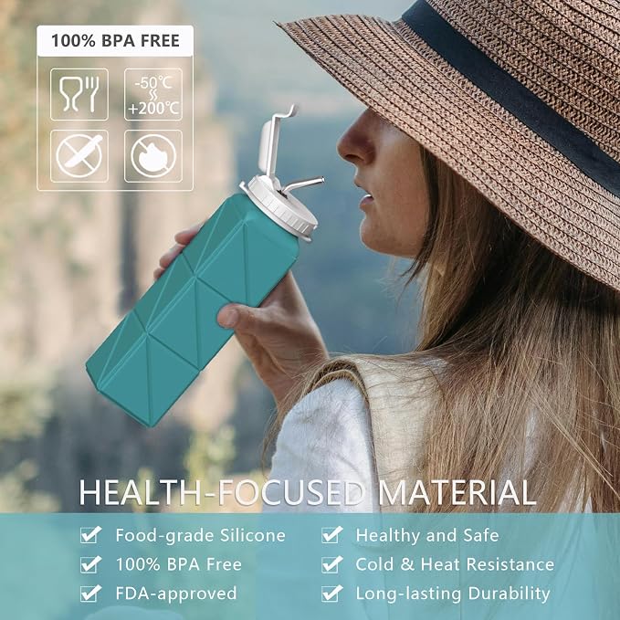 BEAUTAIL Collapsible Water Bottles with Straw 21 oz, Travel Water Bottle | BPA Free, Leakproof & Reusable, Silicone Foldable Water Bottle for Traveling, Hiking, School, Sports, Outdoor, 1-Pack, Blue