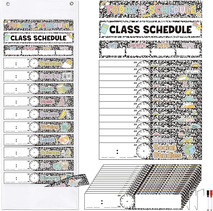 Kolldenn Daily Schedule Pocket Chart, 13+1 Scheduling Pocket Chart with 32 Pieces Reusable Cards Visual Schedule for School Office Home Preschool Activity (Composition)