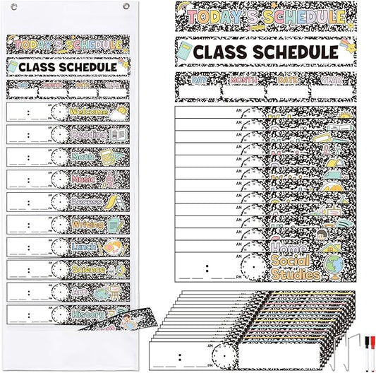Kolldenn Daily Schedule Pocket Chart, 13+1 Scheduling Pocket Chart with 32 Pieces Reusable Cards Visual Schedule for School Office Home Preschool Activity (Composition)