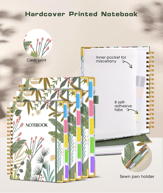 Spiral Notebooks 8.5"x11" for Work with Removable Dividers Tabs,300 Pages 5 Subject Notebook College Ruled,100GMS Notebook journal for School Note taking,Lined Journal for Women,A4 Colorful Botanicals