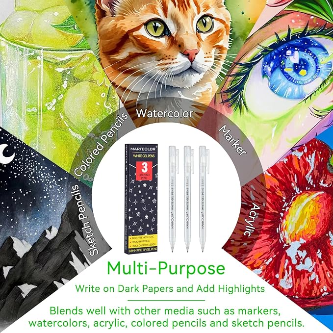 MARTCOLOR White Gel Pens, 0.8mm Extra Fine Point Opaque Archival Ink Pen for Black Paper Drawing, Art Highlight, Illustration, Bullet Journaling, Card Making & DIY Projects, 3 Pack