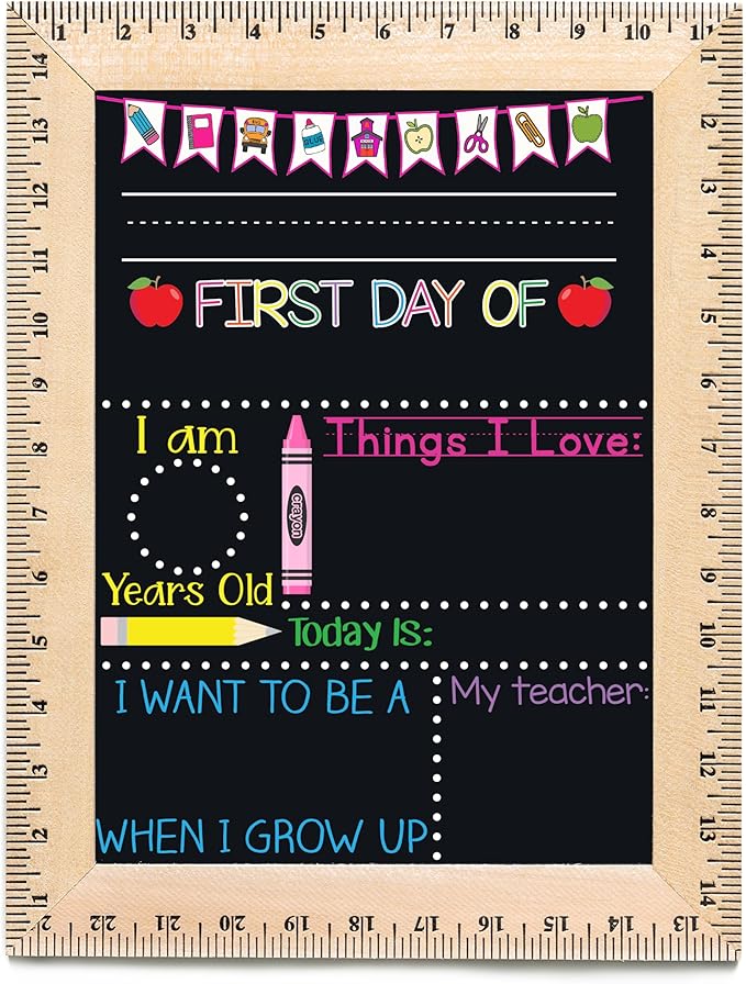 Bloom Owl First Day of School Chalkboard Sign - 11.5"x15" Reusable Back to School Photo Prop with Wooden Ruler Frame for Preschool, Kindergarten, and Beyond