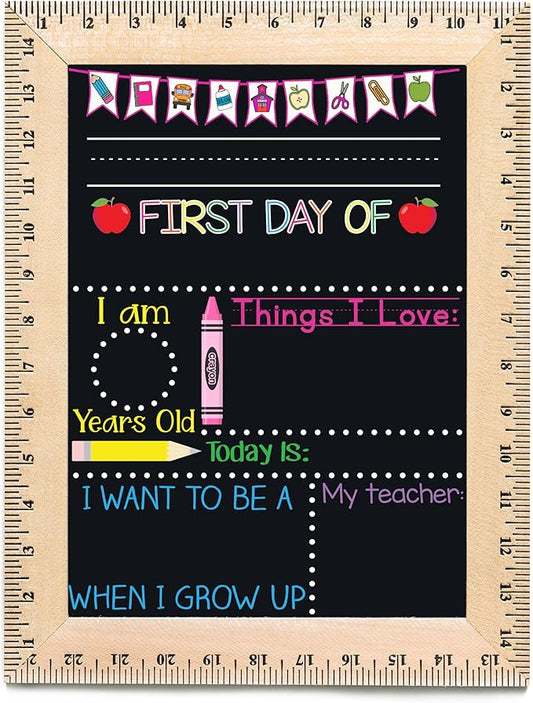 Bloom Owl First Day of School Chalkboard Sign - 11.5"x15" Reusable Back to School Photo Prop with Wooden Ruler Frame for Preschool, Kindergarten, and Beyond