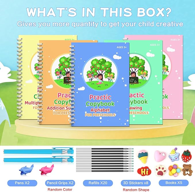 WANFRES Magic grooved Writing Practice Books Great for Beginners, 5 Books, 2 pens, 2 Pencil Grips, 20 Refills. grooved Handwriting Practice for Kids 3-10, Reusable grooved Handwriting workbooks.