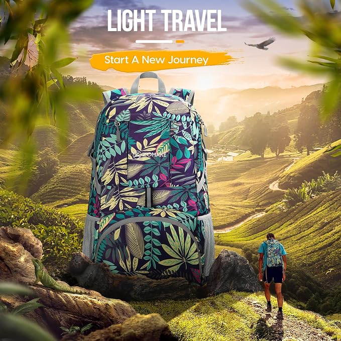 ZOMAKE Lightweight Packable Backpack 35L, Water Resistant Foldable Day Pack | Collapsible Hiking Backpacks, Compact Folding Daypack for Travel Camping, Everyday Carry, Multi-Pocket Layout(Leaf Print)