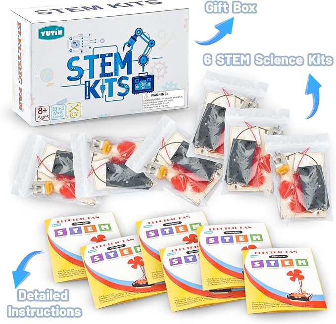 6 STEM Science Kits for Kids Age 8-12, STEM Building Toys for 8-10 Year Girls Boys Wood Crafts, Electric Fan Experiments Activities Circuit Projects, Bulk Summer Gifts for Kids Classroom Party Favors