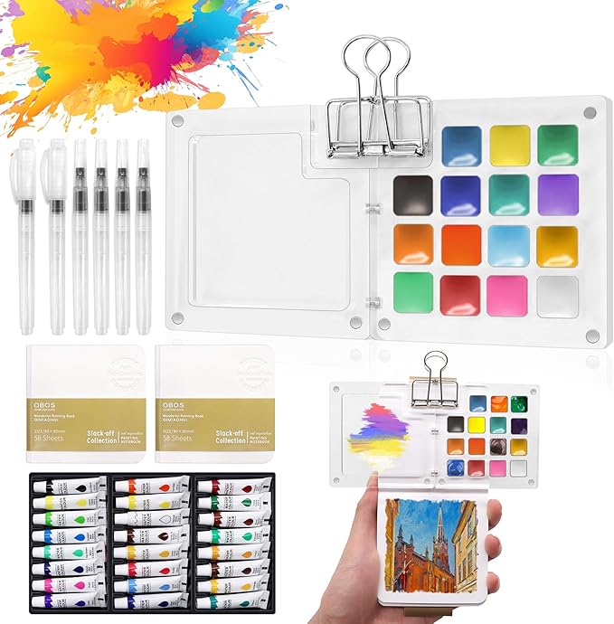 Pocket Watercolor Paint Set, 24 Vibrant Colors with 15-Well Acrylic Palette - Portable Travel Art Kit for Beginners, Artists, Outdoor Sketching & Gift