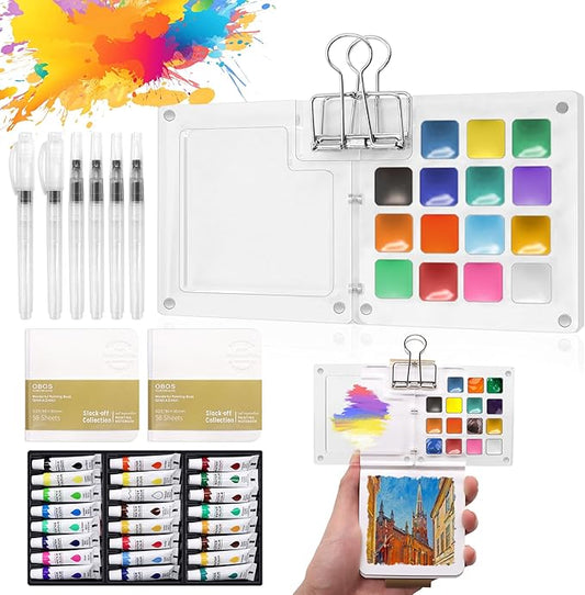 Pocket Watercolor Paint Set, 24 Vibrant Colors with 15-Well Acrylic Palette - Portable Travel Art Kit for Beginners, Artists, Outdoor Sketching & Gift